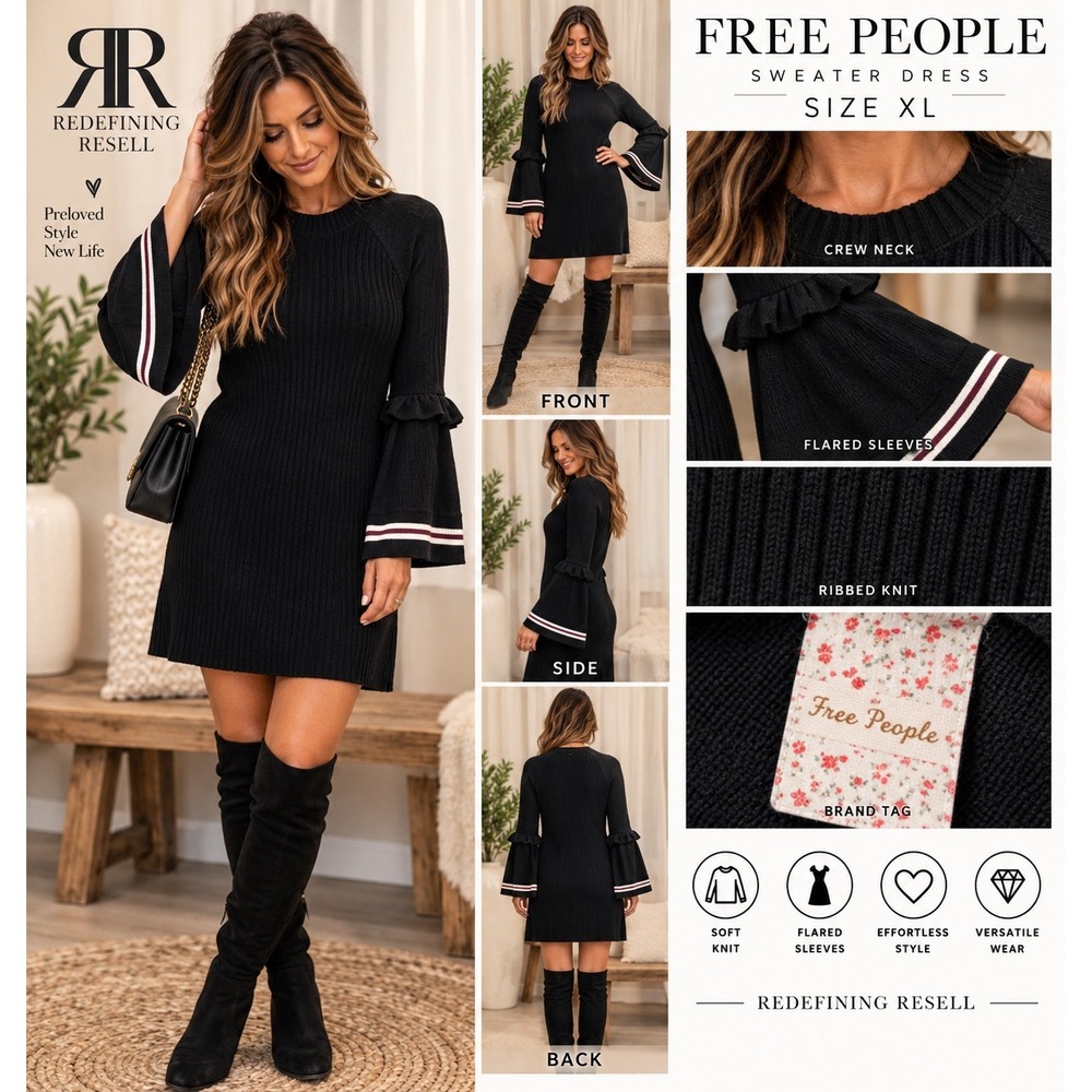 Free People Black Ribbed Knit Flared Bell Sleeve Ruffle Sweater Dress OB658571